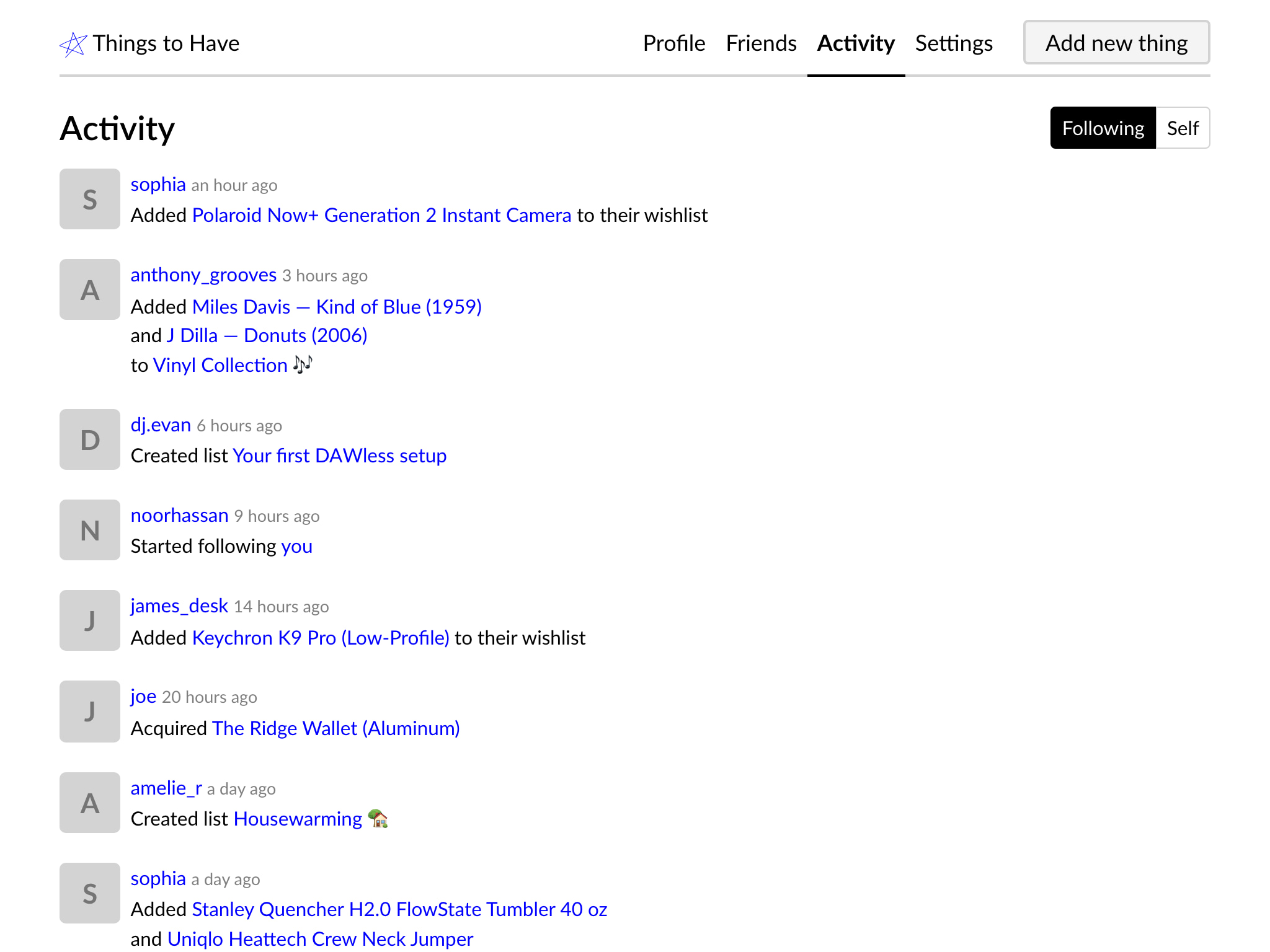 An activity feed of new lists and additions from followed people