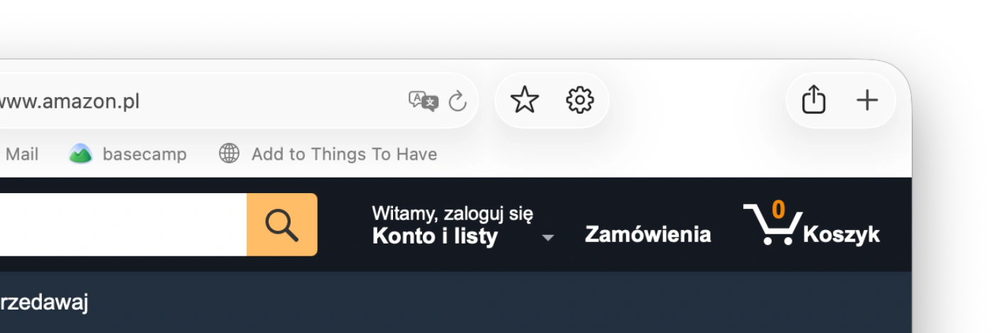 An Add to Things To Have bookmarklet in a browser's favourites bar, above an Amazon page