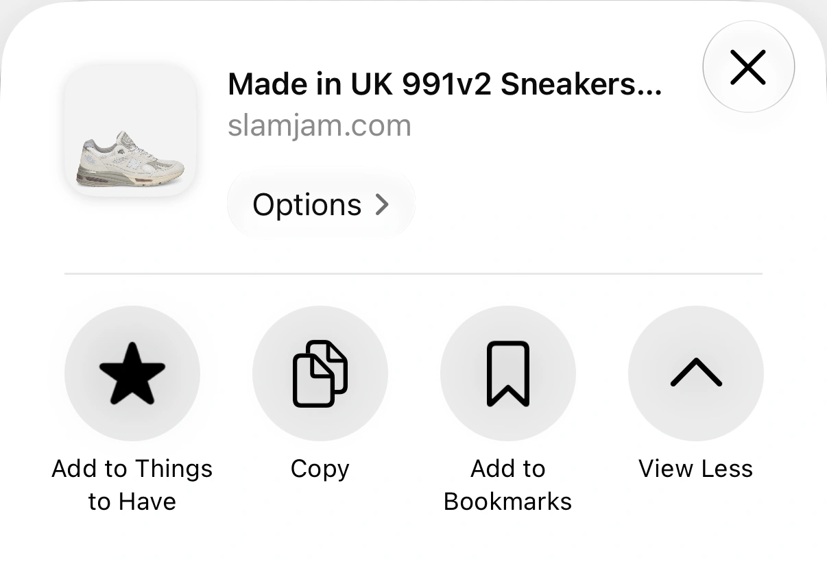 An iPhone share sheet for a product page, with Add to Things to Have as the first action