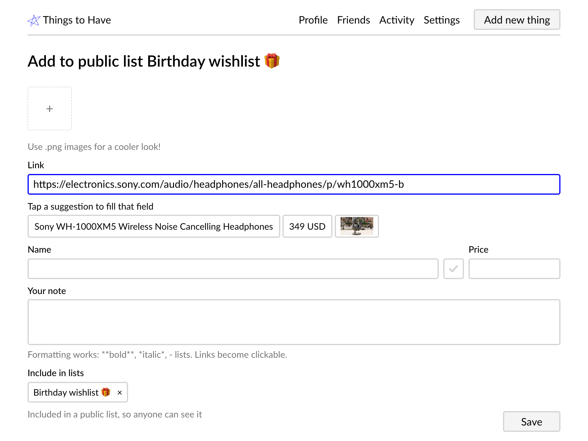 A pasted link offering its title, price and photo to fill the form