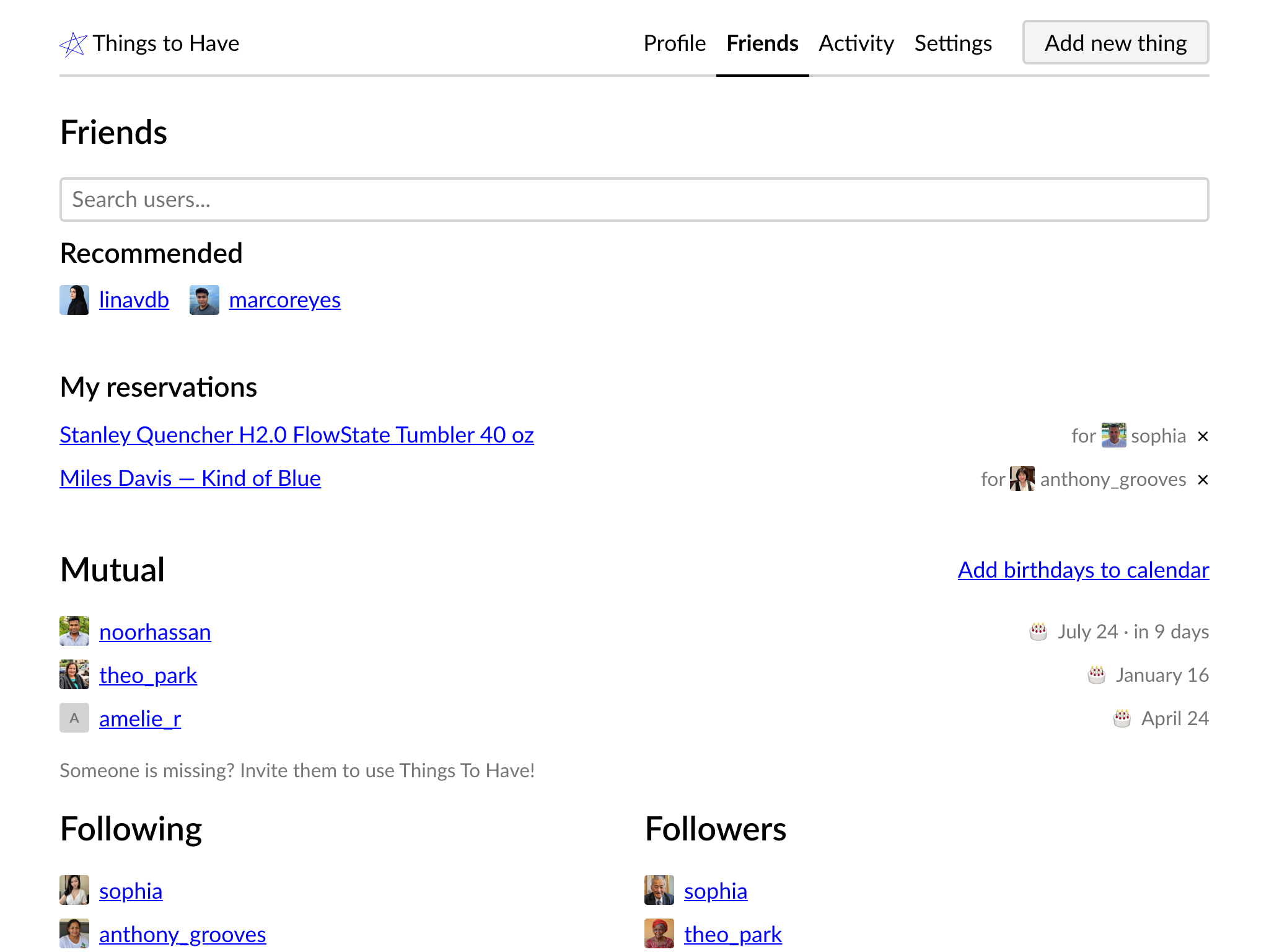 A friends page with reservations, birthdays and followers