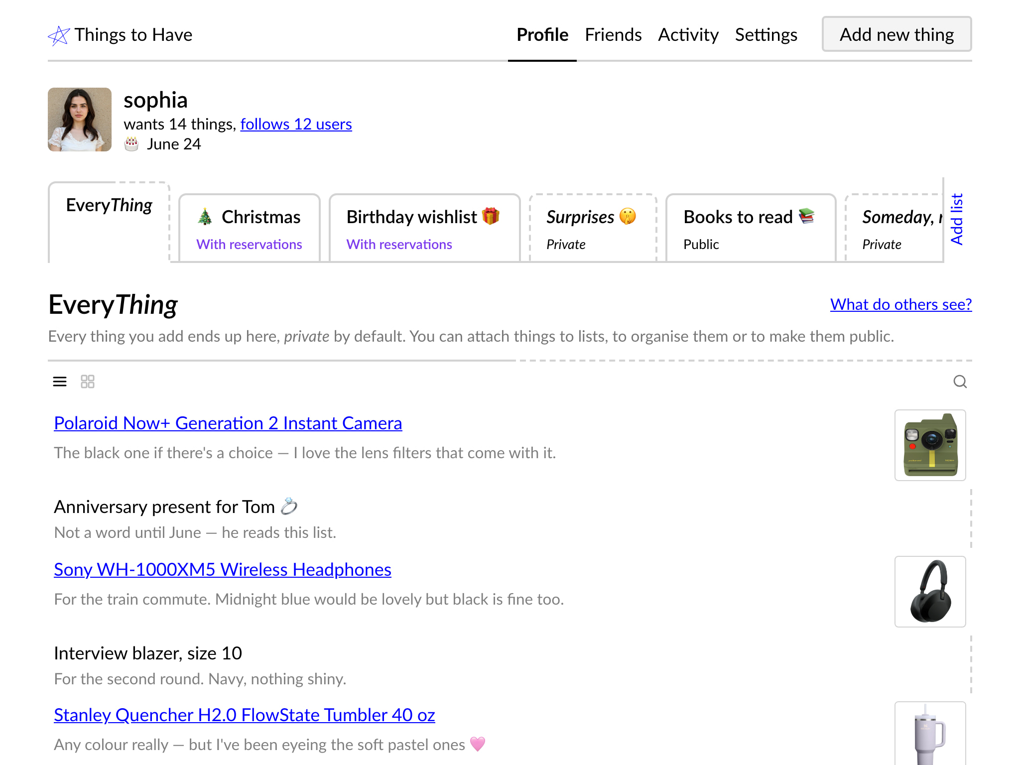 A profile with private things in it, next to the same profile as a visitor sees it