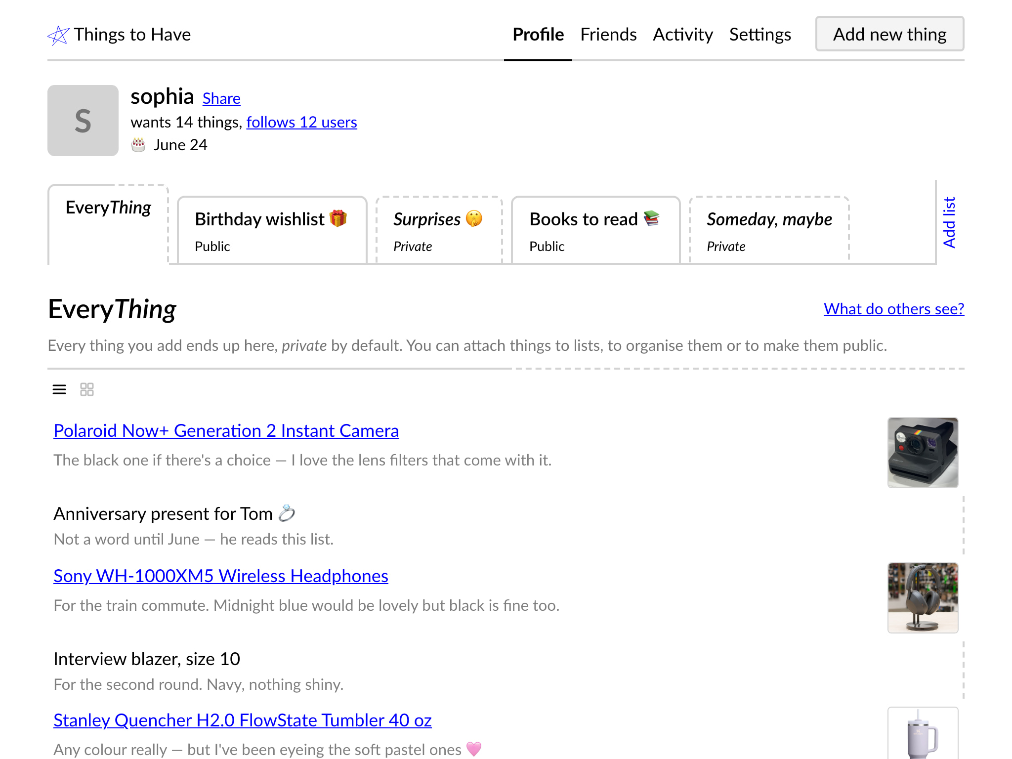 A profile with private things in it, next to the same profile as a visitor sees it